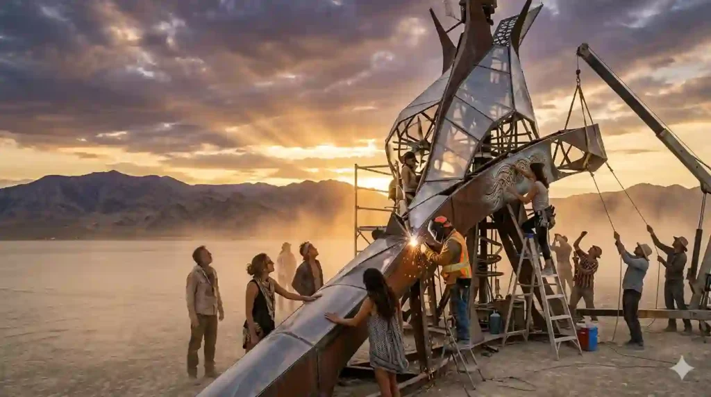 Art & Creativity 1 Monumental Burning Man art installation at sunset with people gathered in the desert.