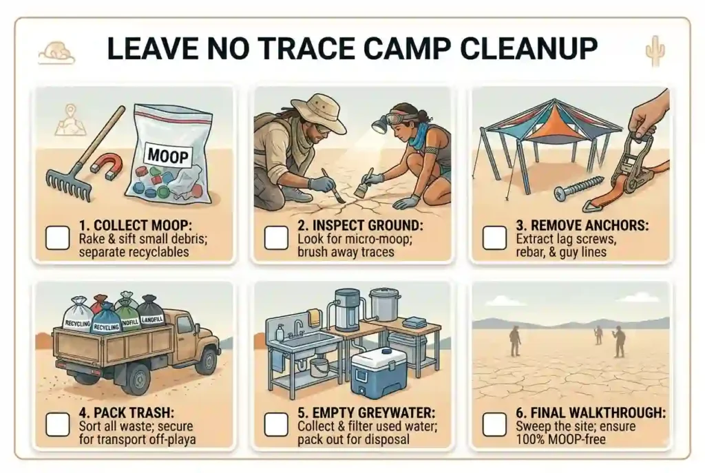 leave no trace burning man camp kitchen setup view


