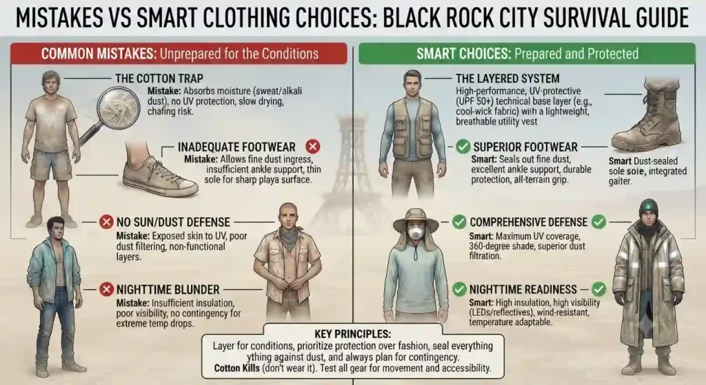 burning man first timer mistakes vs smart choices cards view