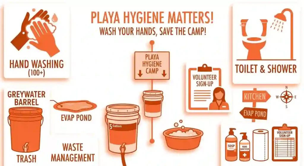 A simple overview showing hands, toilets, showers, greywater, camp cleaning, and personal supplies for burning man
