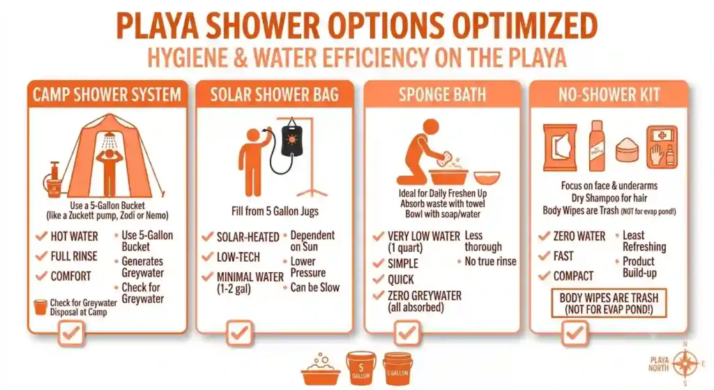 A comparison showing camp showers, solar showers, sponge baths, and no-shower alternatives at burning man