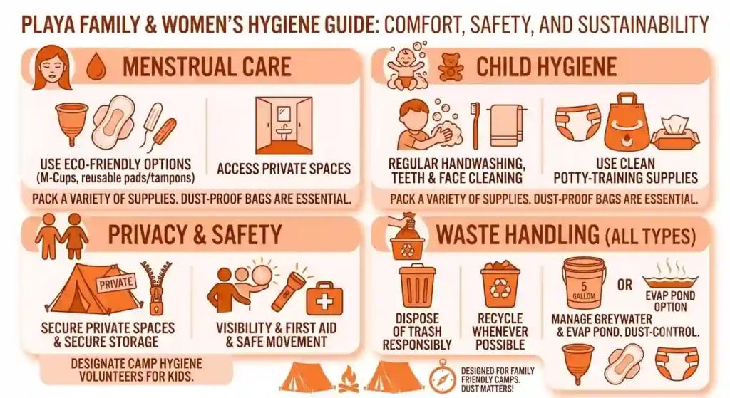 A visual showing menstrual planning, child hygiene, privacy, supplies, and waste handling at burning man
