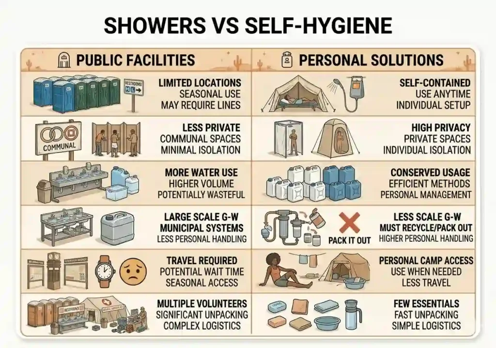 burning man shower vs self care comparison table 