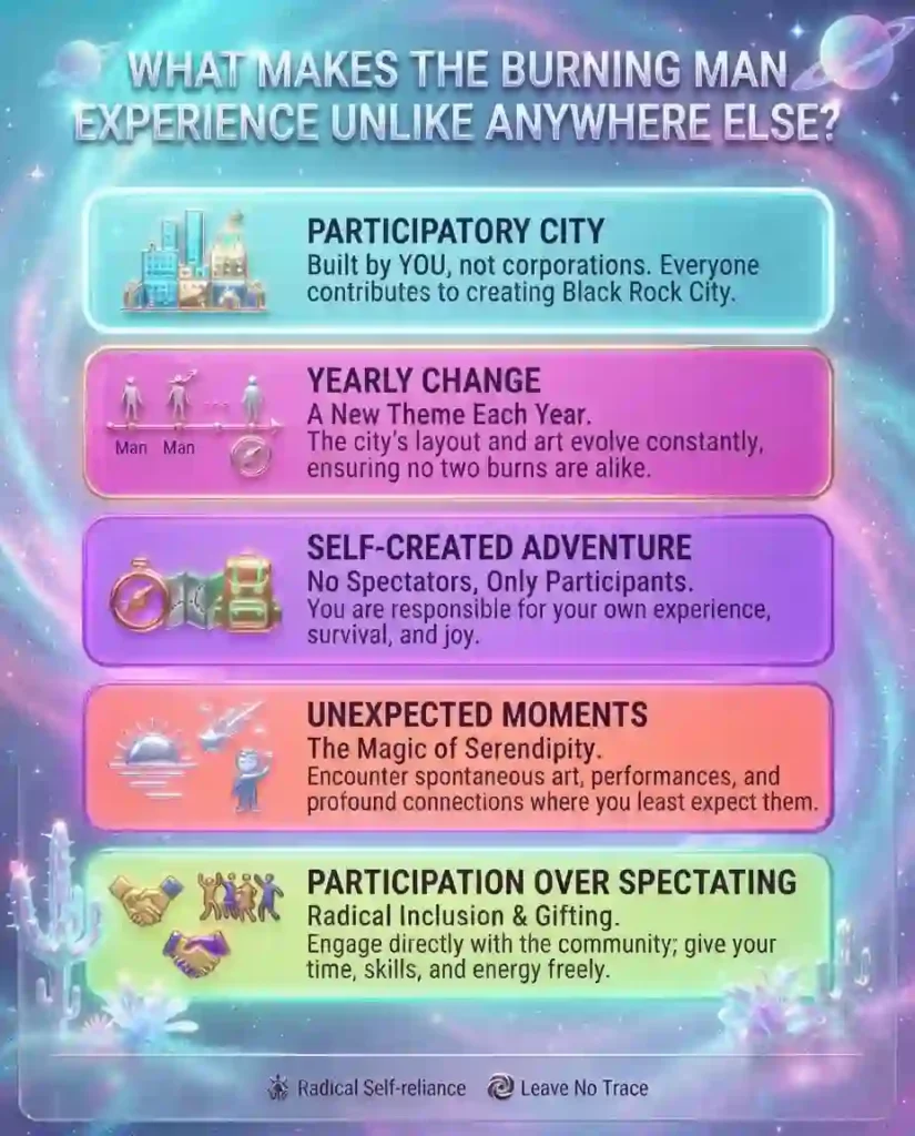 Activities & Experiences 5 Vertical infographic showing how first-timers can go beyond the tourist version of Burning Man.