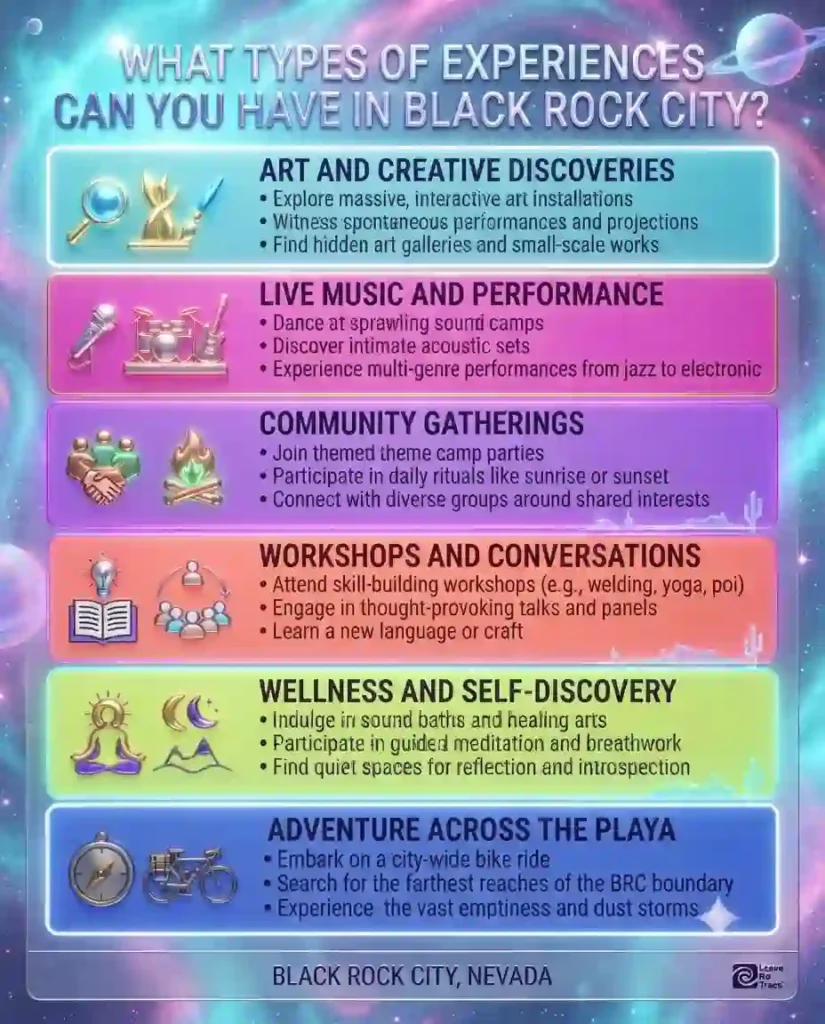 Activities & Experiences 3 Vertical infographic showing the main kinds of experiences available in Black Rock City.