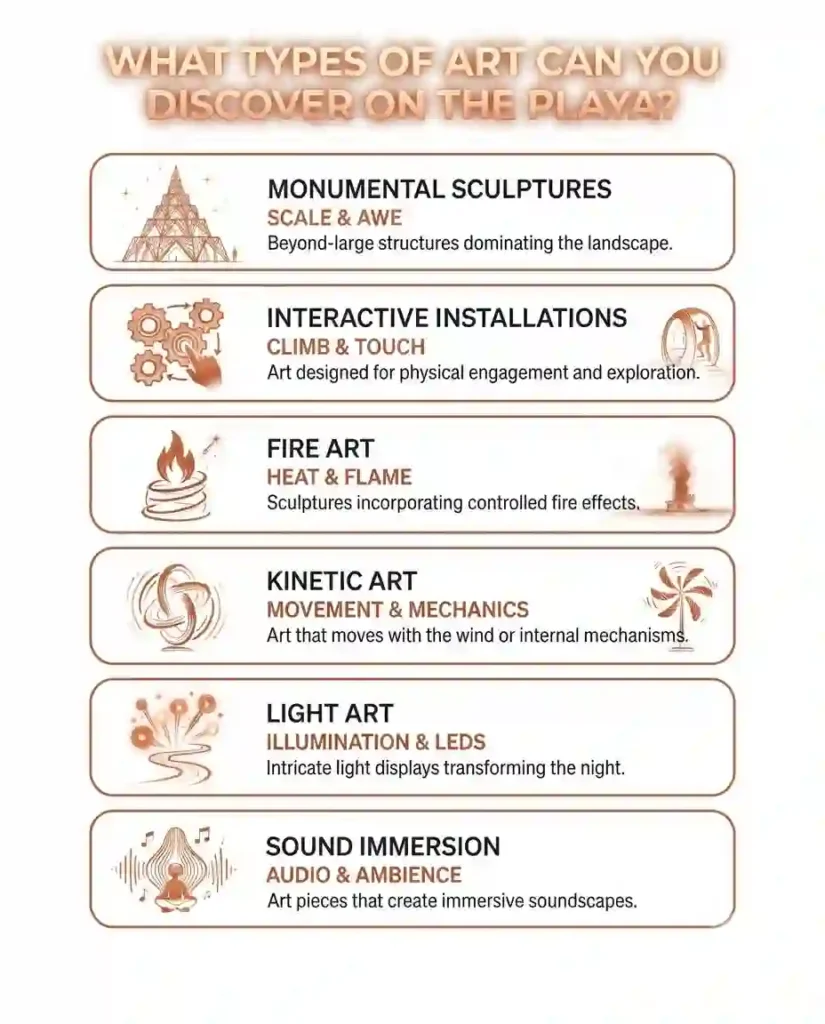 Art & Creativity 8 Vertical infographic showing the main types of Burning Man art installations.