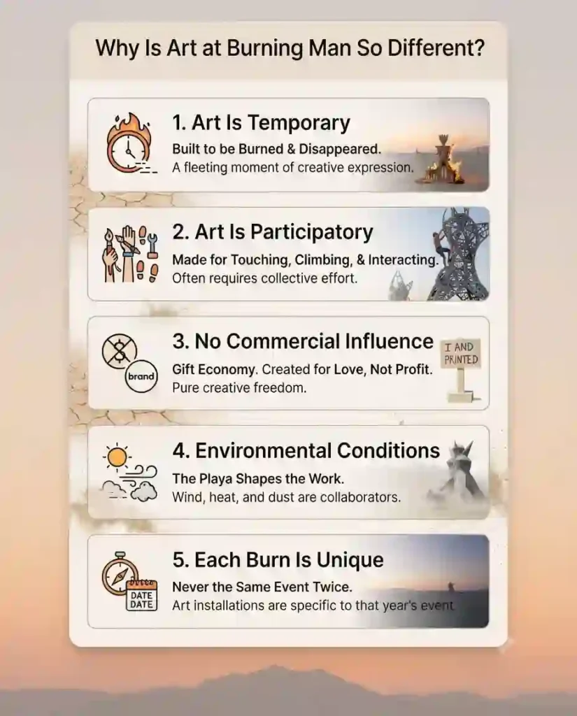 Art & Creativity 3 Vertical infographic showing five reasons Burning Man art feels different from gallery art.