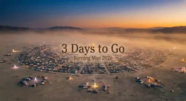 “Aerial view of Black Rock City at golden hour with text overlay: ‘3 Days to Go — Burning Man 2026’.”