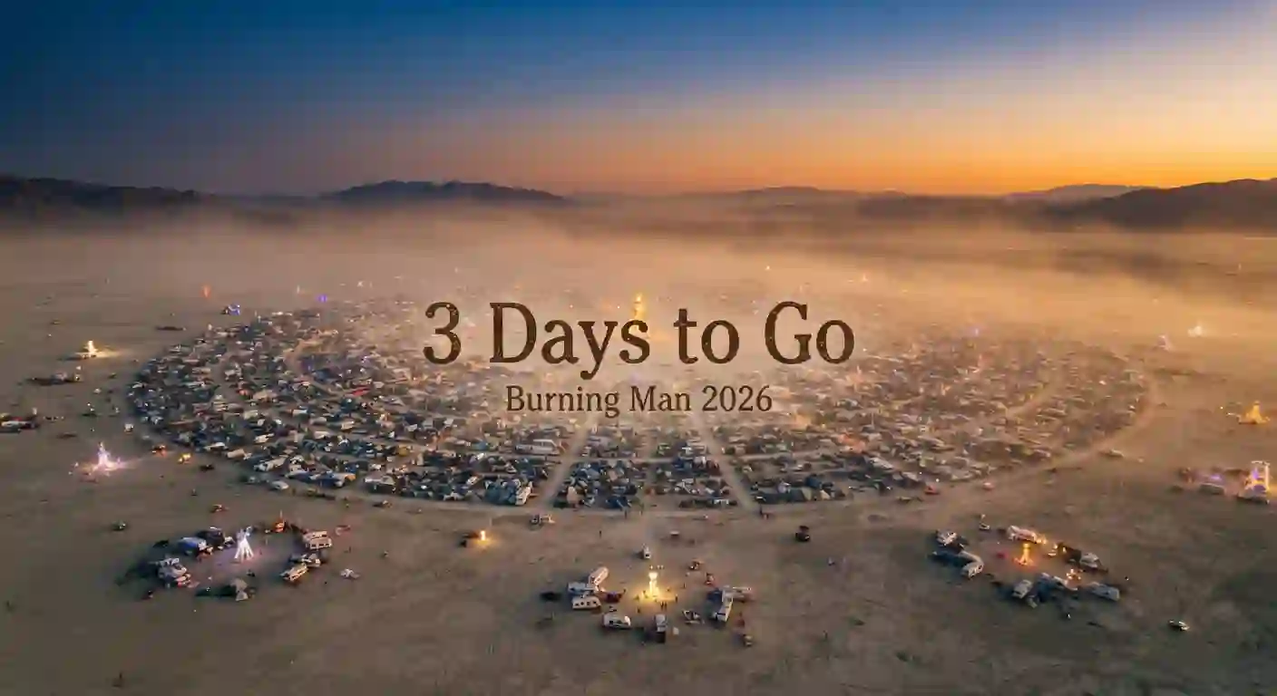 “Aerial view of Black Rock City at golden hour with text overlay: ‘3 Days to Go — Burning Man 2026’.”