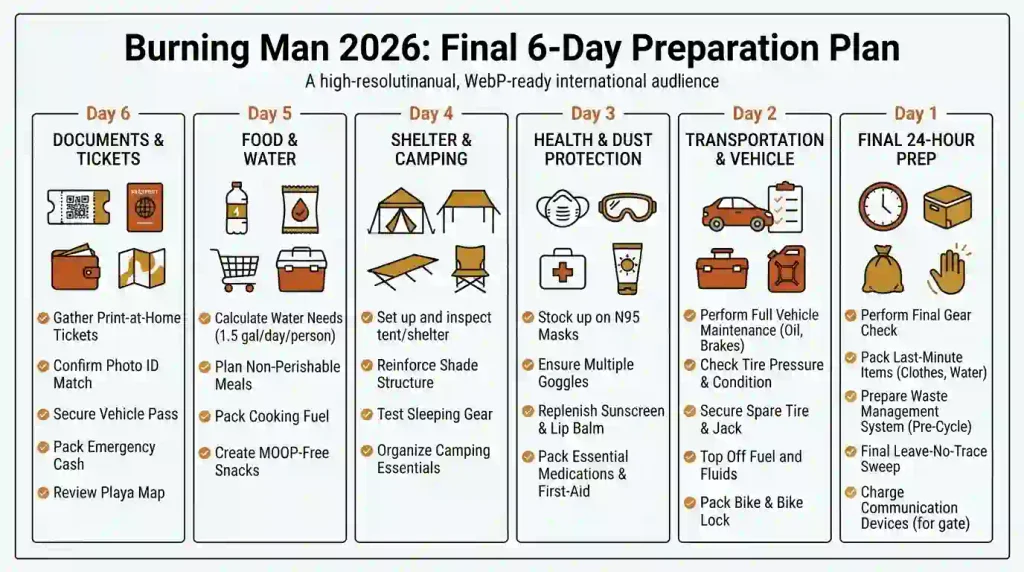 Six-day final preparation checklist for Burning Man 2026