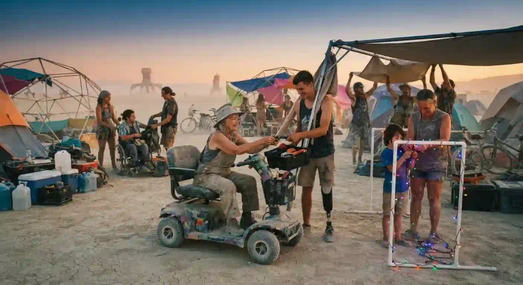  Diverse Burners preparing together for Black Rock City with mobility and comfort needs in mind