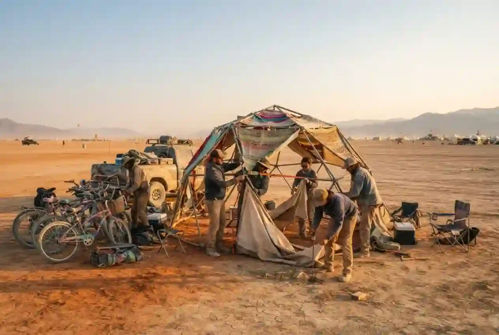 Participants preparing camps and structures in Black Rock City