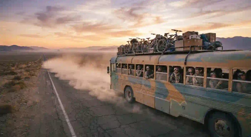 Burner Express Bus traveling through the Nevada desert toward Black Rock City