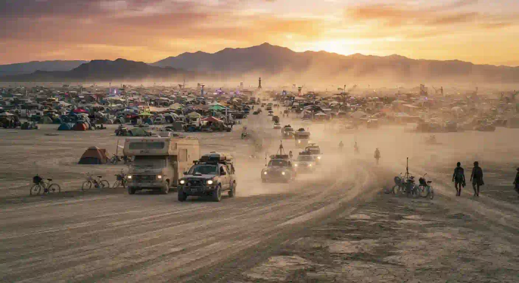 Burning Man 2026 two days to go countdown with glowing art on the Black Rock Desert playa 2026