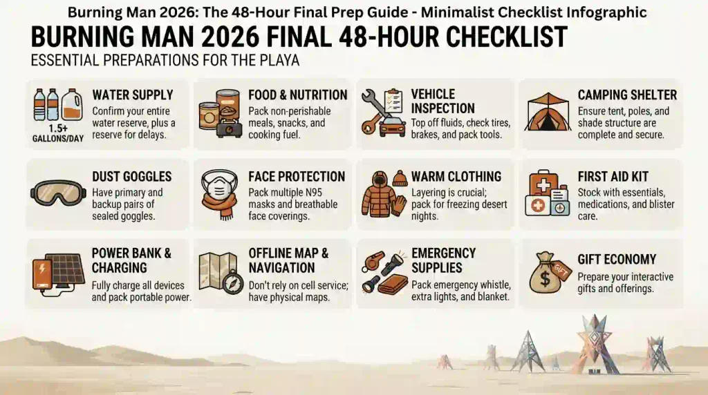 Sealed water containers and reusable bottles prepared for a Burning Man camp in the desert.
