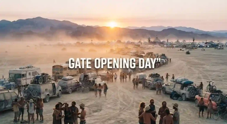 Vehicles arriving at Burning Man 2026 opening day on the desert road to Black Rock City
