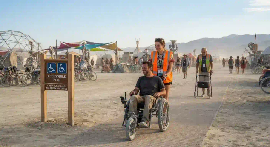 Wheelchair-accessible path at a desert festival with volunteers and visible accessibility signage.
accessibility.

