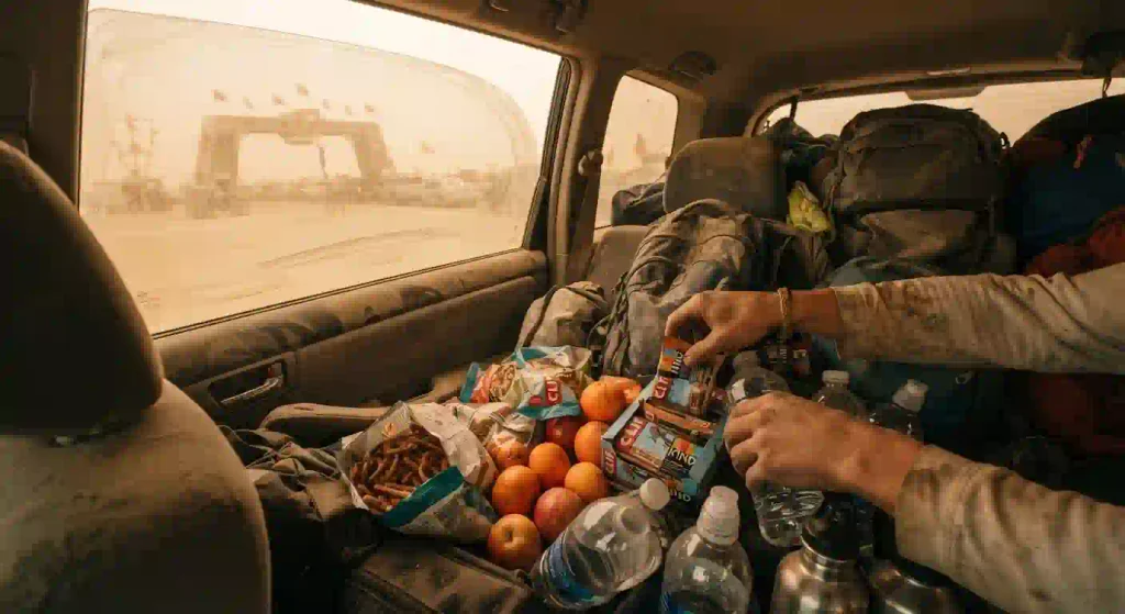 Snacks, fruits water, and travel supplies packed for a long wait on the Burning Man gate road