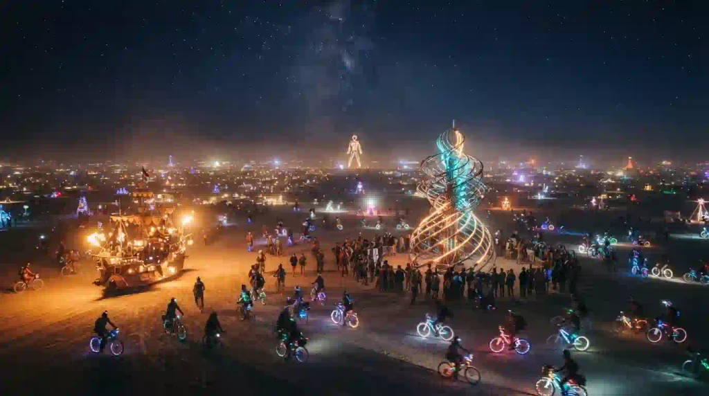 First night in Black Rock City with illuminated art, bicycles and Burners exploring the playa.