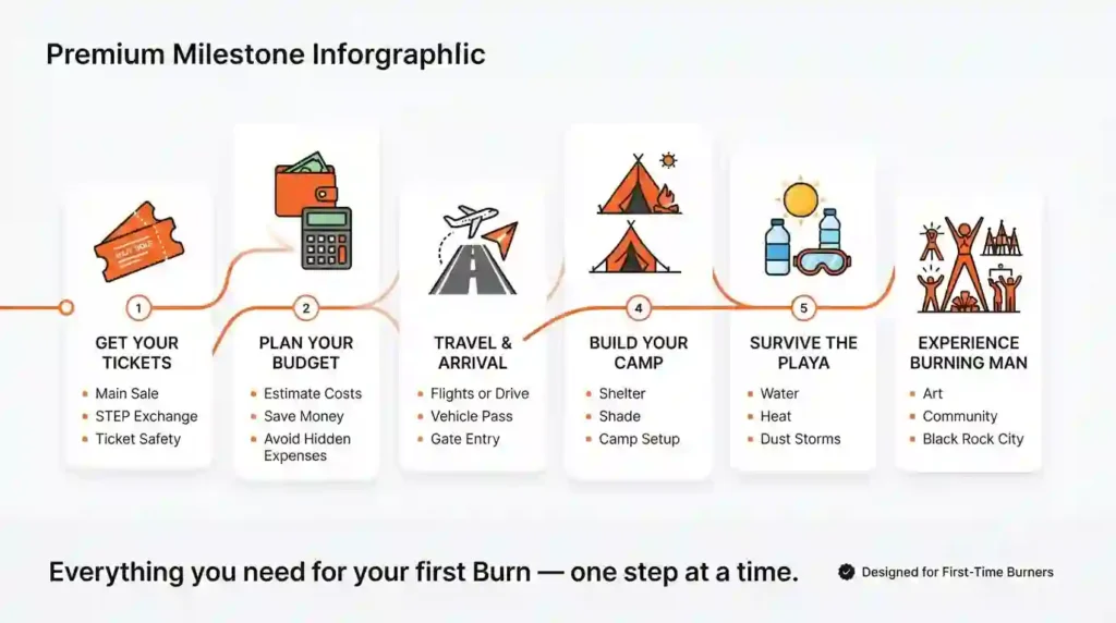 Infographic showing the six essential planning steps every first-time Burning Man attendee should follow, from tickets and budgeting to camping, survival, and exploring Black Rock City.