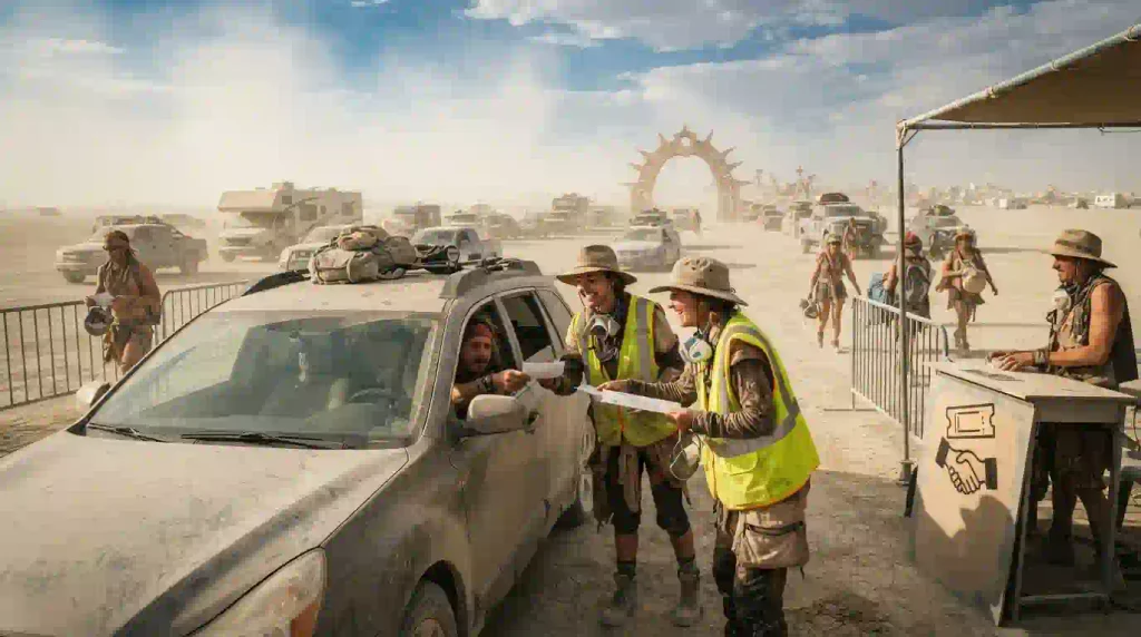 Burning Man Gate volunteers assisting participants during opening-day arrival.