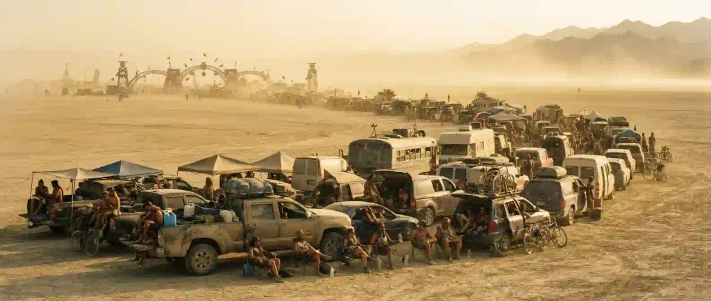 Long line of vehicles waiting to enter Burning Man during opening day traffic