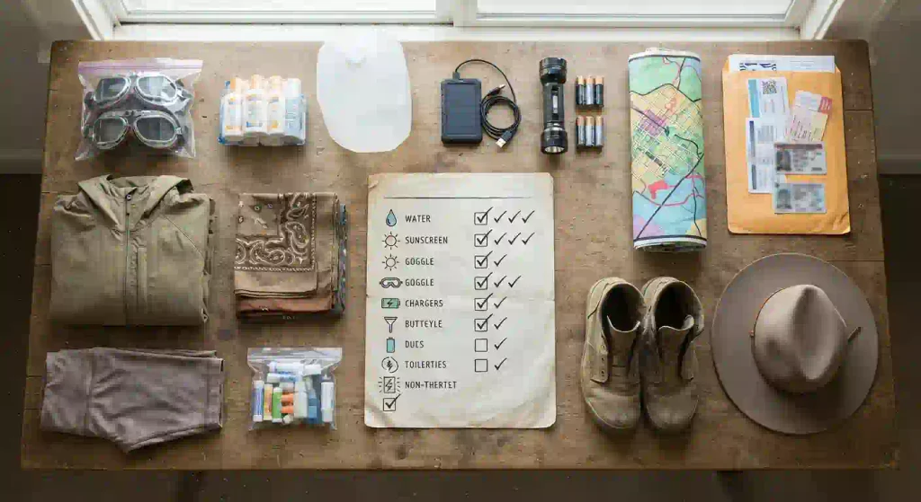Organized checklist of Burning Man essentials including water, goggles, sunscreen, and documents