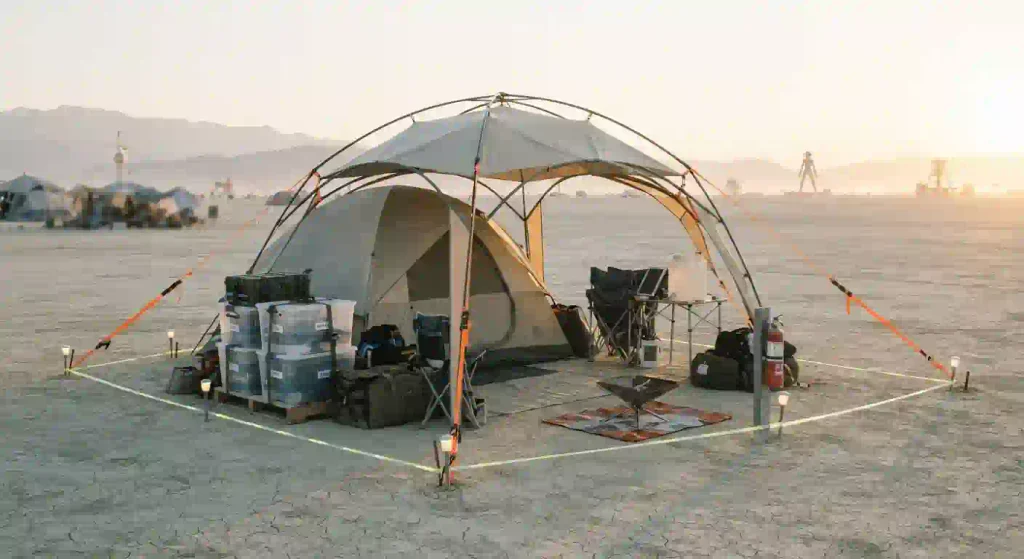 Secure Burning Man camp setup with tent, shade structure, stakes, lights, and desert safety supplies.