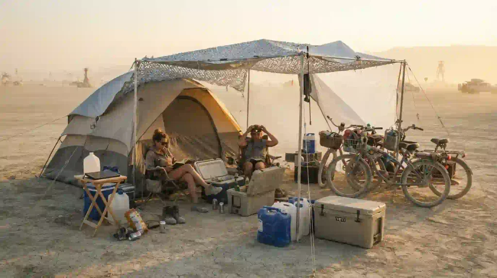 Burners setting up shade, tents and essential supplies on opening day at Black Rock City.
