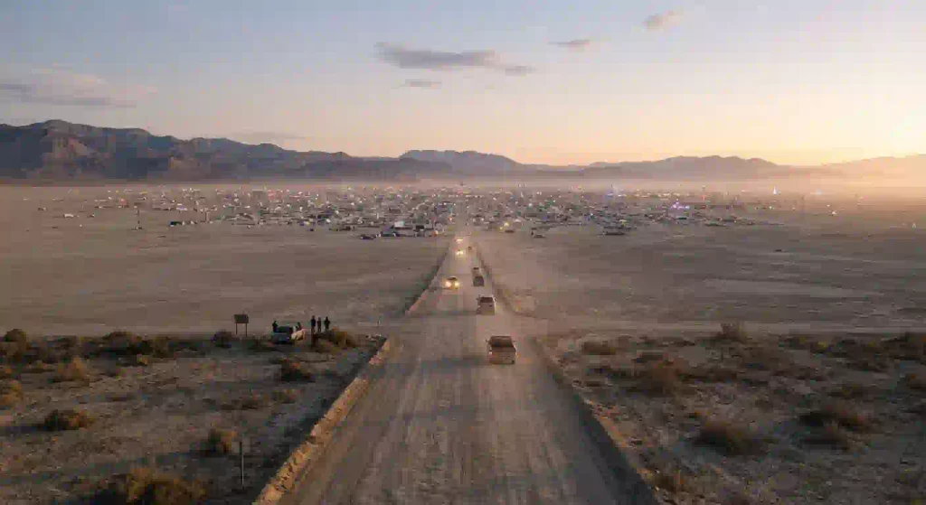 best time to reach burning man city is early morning ,fewer vehicles on the road at that time