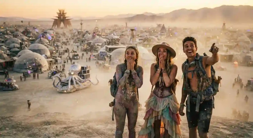 New Burners experiencing dust, art cars, and playa energy after entering Black Rock City