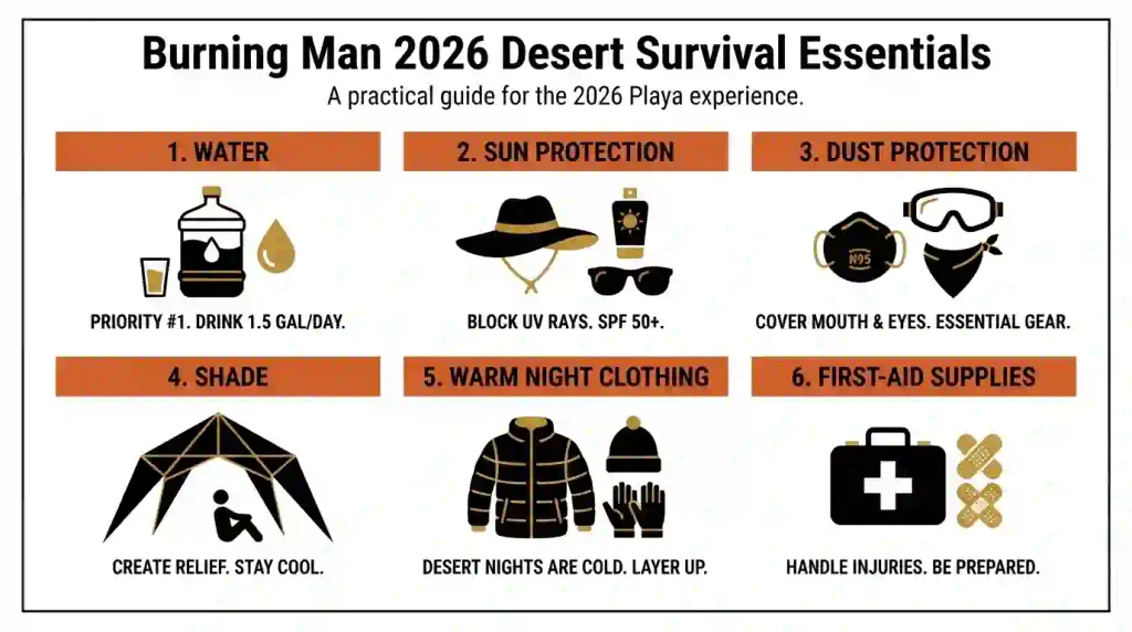 Essential desert survival supplies for Burning Man 2026