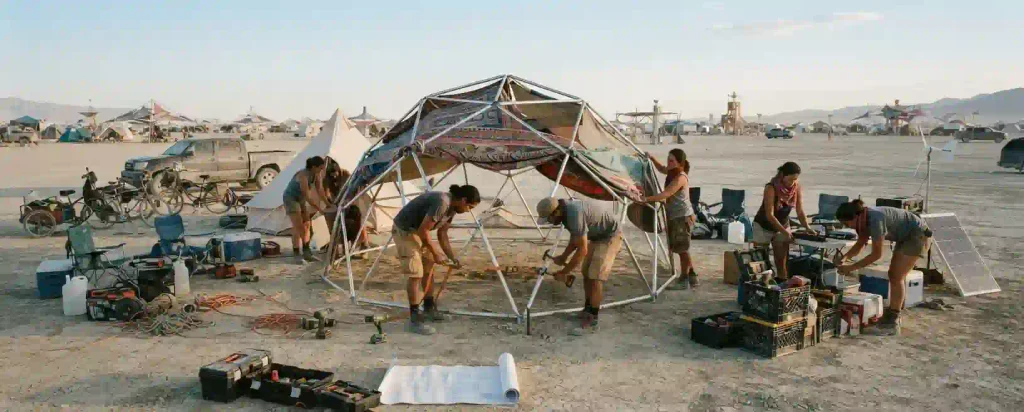 Burning Man participants setting up camp during their first day