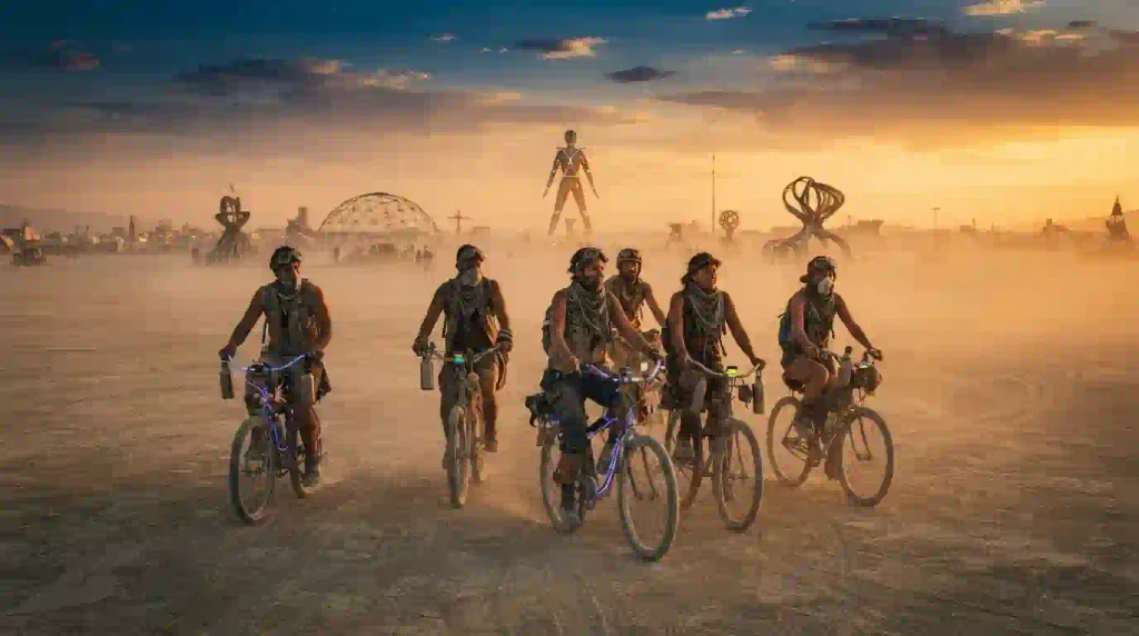 Nighttime scene at Black Rock City with glowing art, bicycles, camp lights, and a desert festival atmosphere.