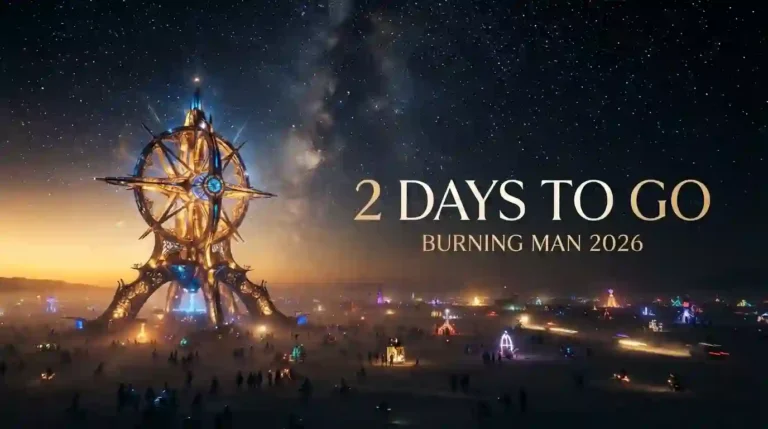 Burning Man 2026 two days to go countdown with glowing art on the Black Rock Desert playa