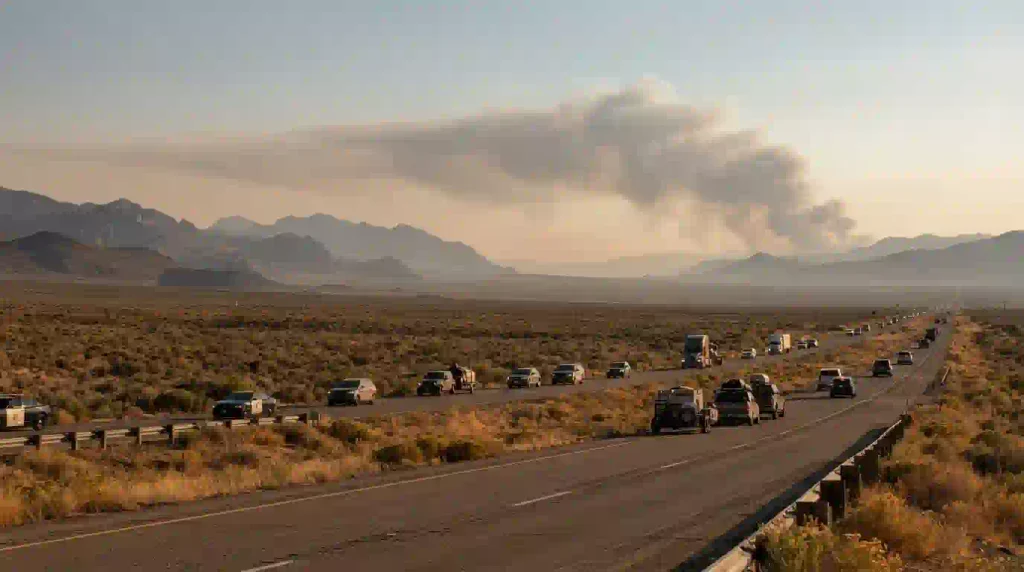 Nevada highway scene with a smoky sky, reflecting the Hawk Fire travel update before Burning Man 2026.

