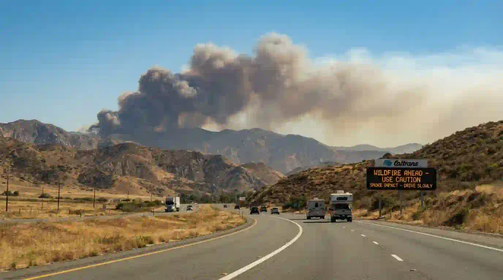 Smoke from a wildfire seen near a highway, suggesting travel delays and caution for Burning Man travelers.
accessibility. 

