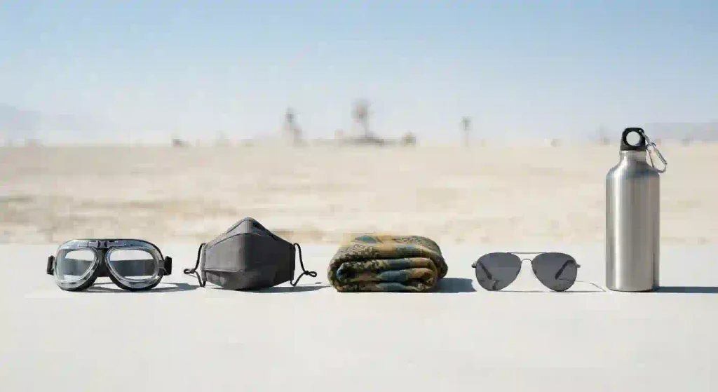 Burning Man dust protection gear including goggles, mask, scarf, sunglasses, and a water bottle laid out for desert safety.