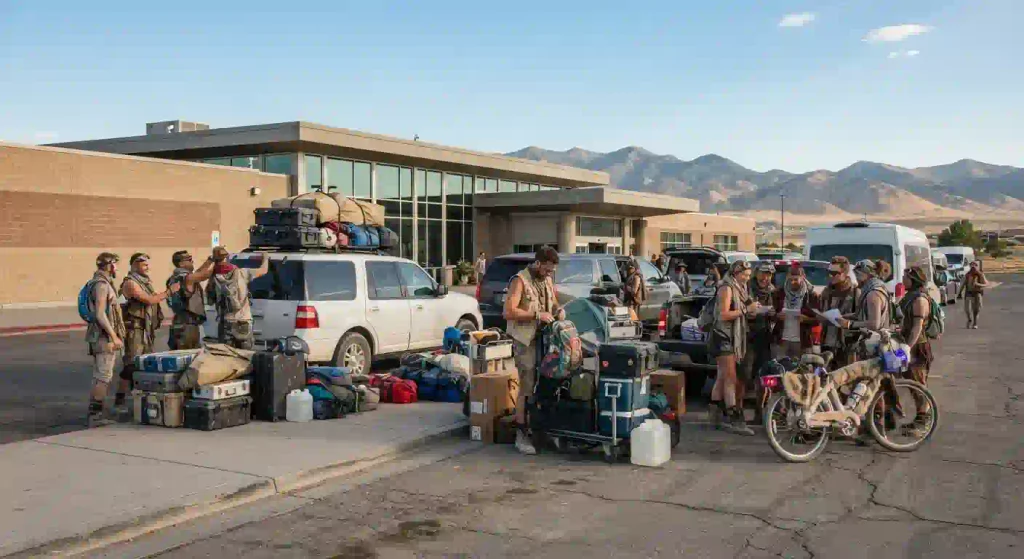 International traveler organizing luggage and playa supplies before heading to Black Rock City