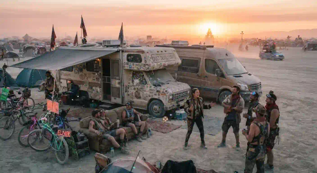 Real people standing near an RV and camper van at Burning Man in the desert and having discussion
