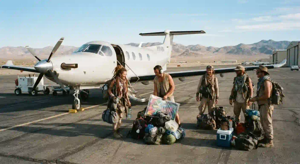 Small aircraft landing at the temporary Black Rock City Municipal Airport during Burning Man
