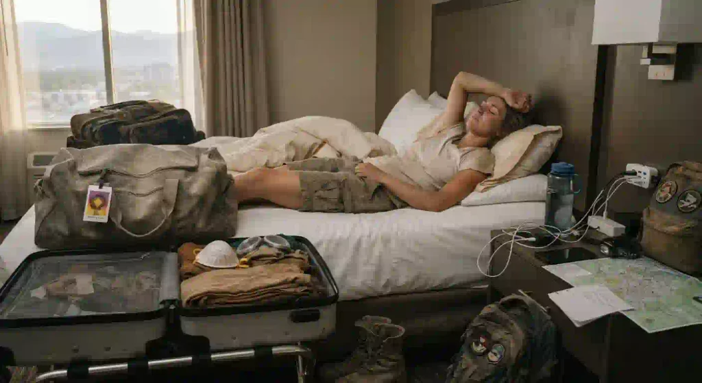 Traveler resting in a Reno hotel room before driving to Black Rock City