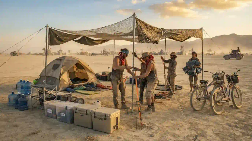 Burners setting up shade, tents and essential supplies on opening day at Black Rock City.