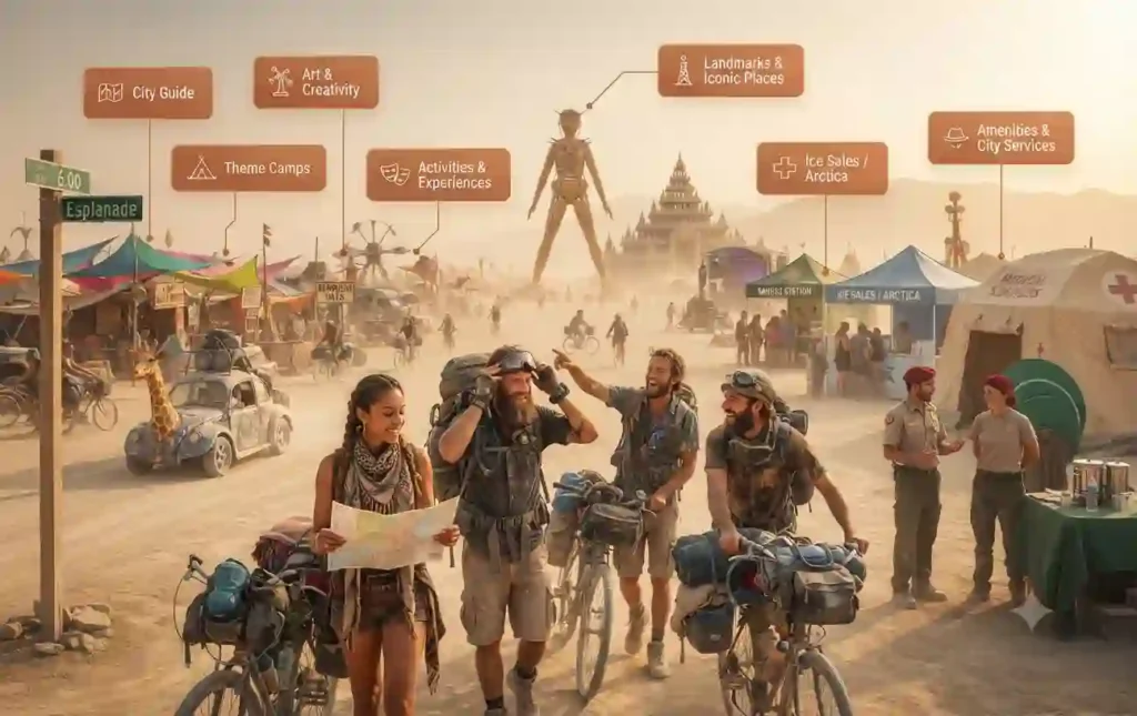 Real Burning Man participants exploring Black Rock City while using maps, bicycles, and city landmarks to navigate the temporary desert metropolis.