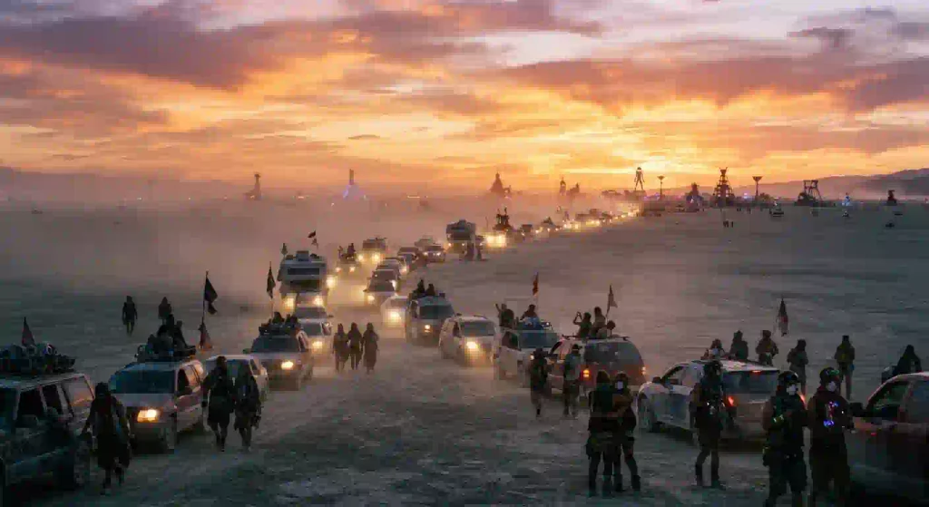 entering  into Black Rock City with dust and art structures in the distance