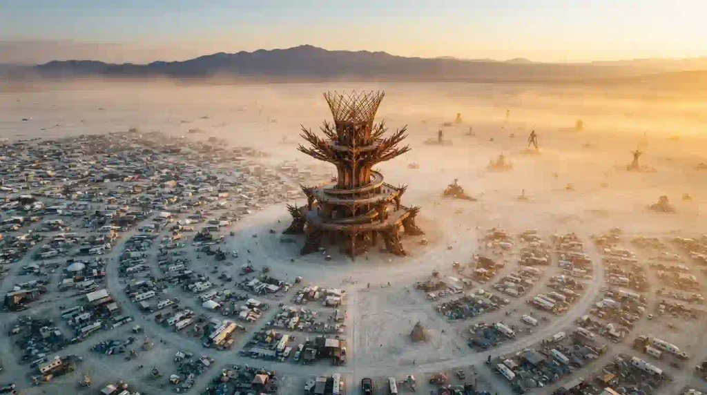 Burning Man 2026 Black Rock City rising in the Black Rock Desert under the Axis Mundi theme on 30th august