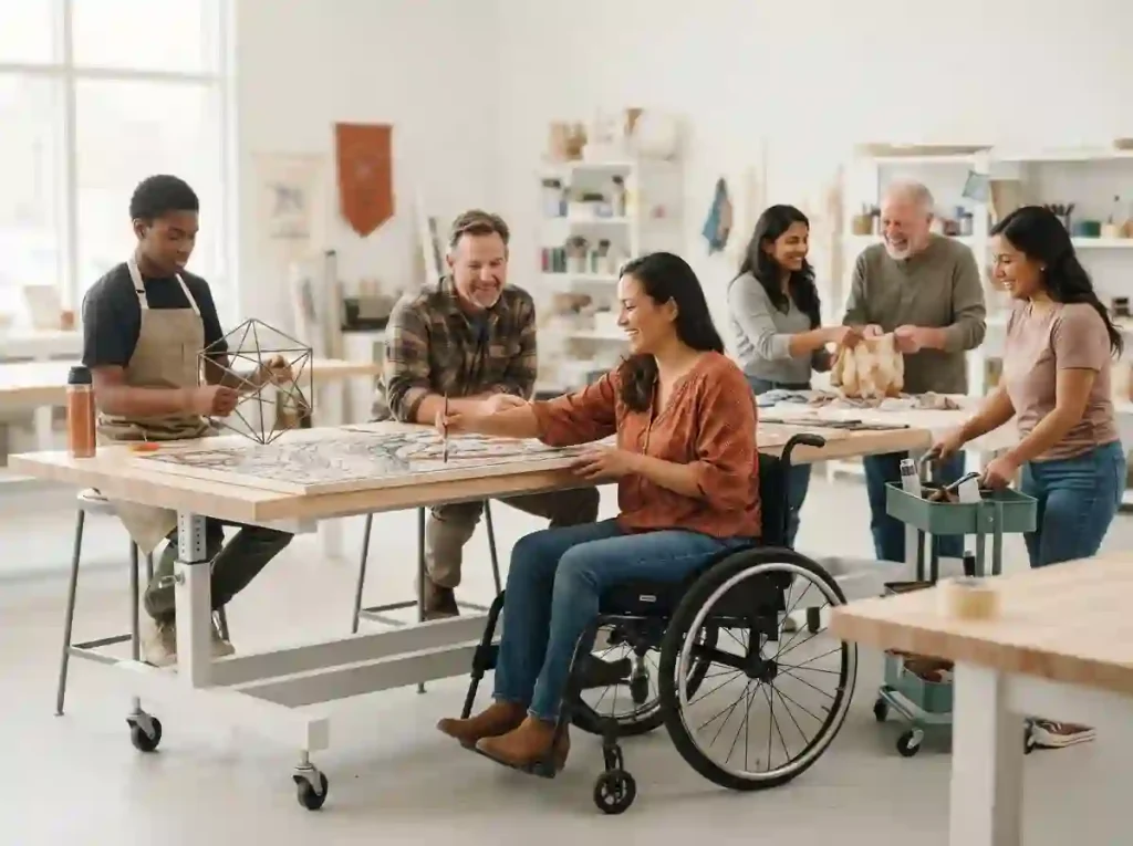 Inclusive Burner community gathering with people of different abilities participating together.

