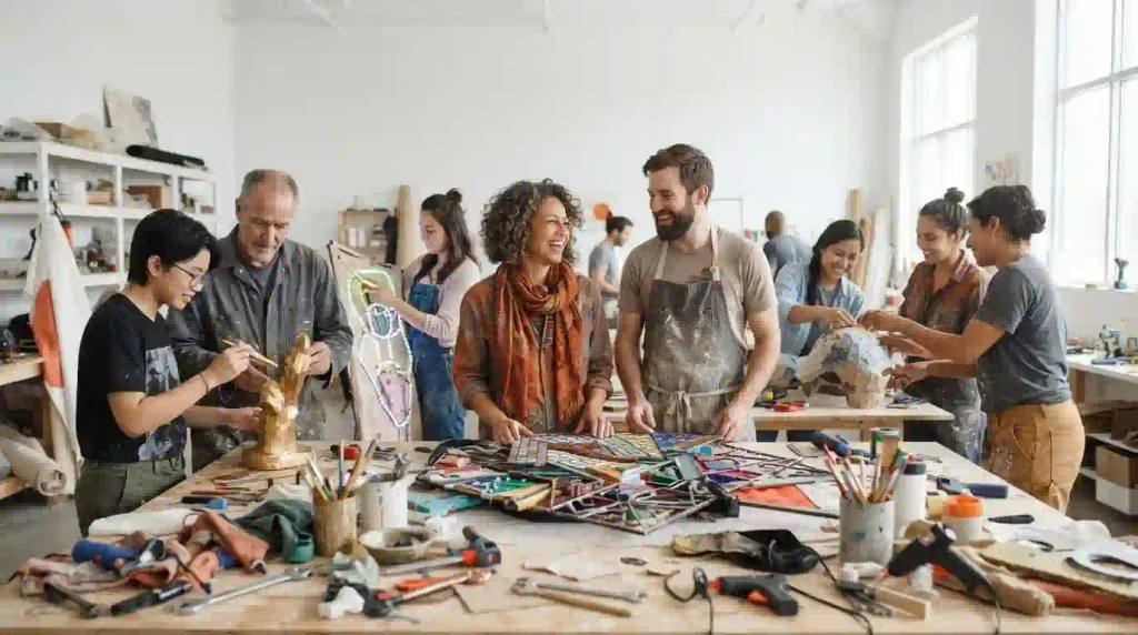 Diverse Burner community volunteers working together on an art and community project.

