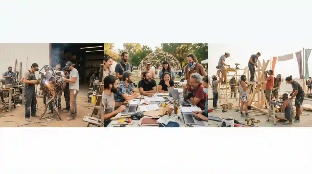 Photorealistic scene showing diverse Burner community members collaborating on art projects, workshops, and meetups throughout the year.