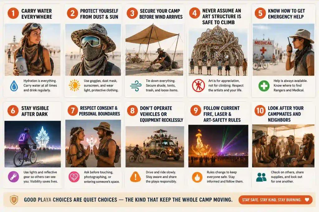 10 Burning Man 2026 safety rules for water, dust, wind, emergencies and playa awareness